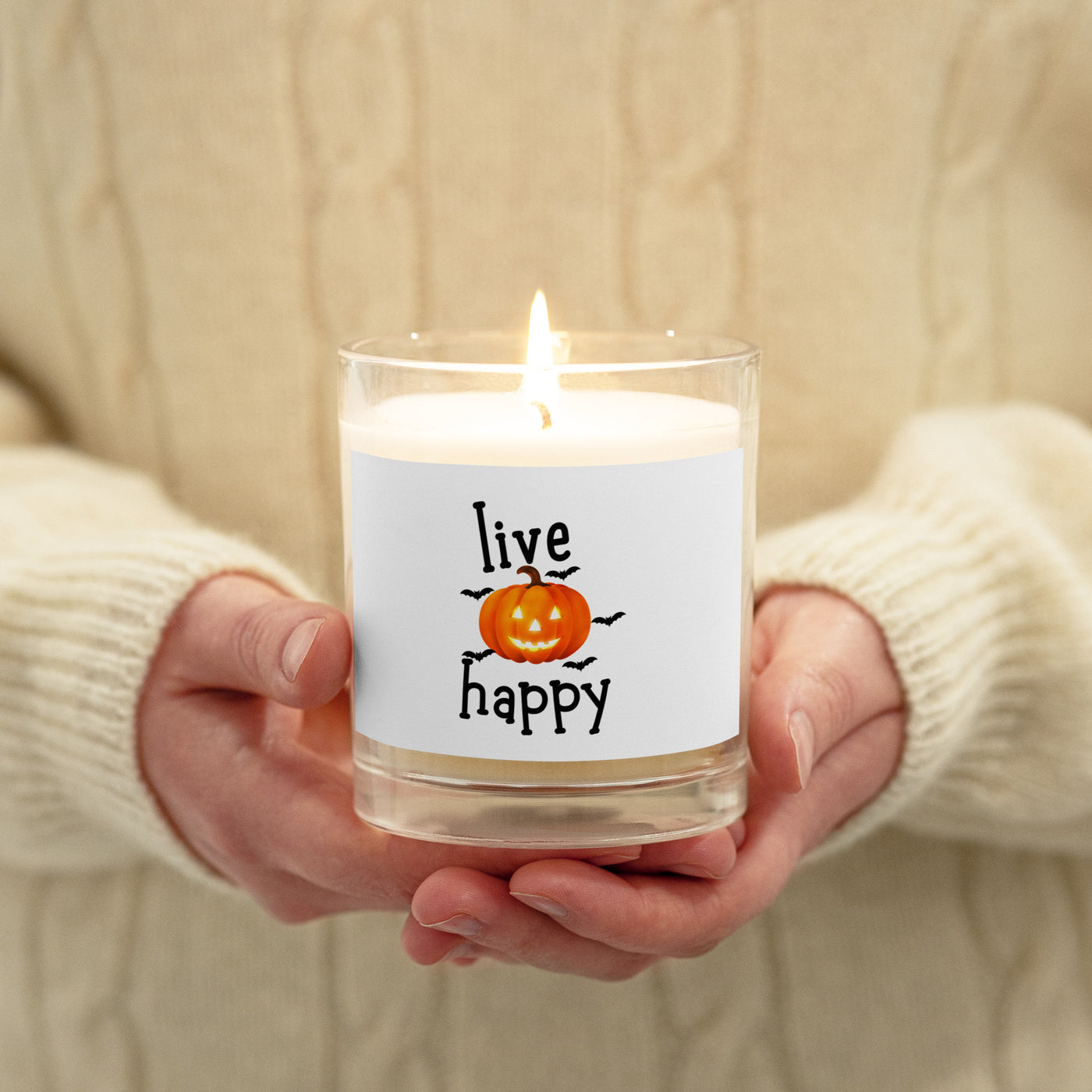 Glass jar soy wax candle, live happy