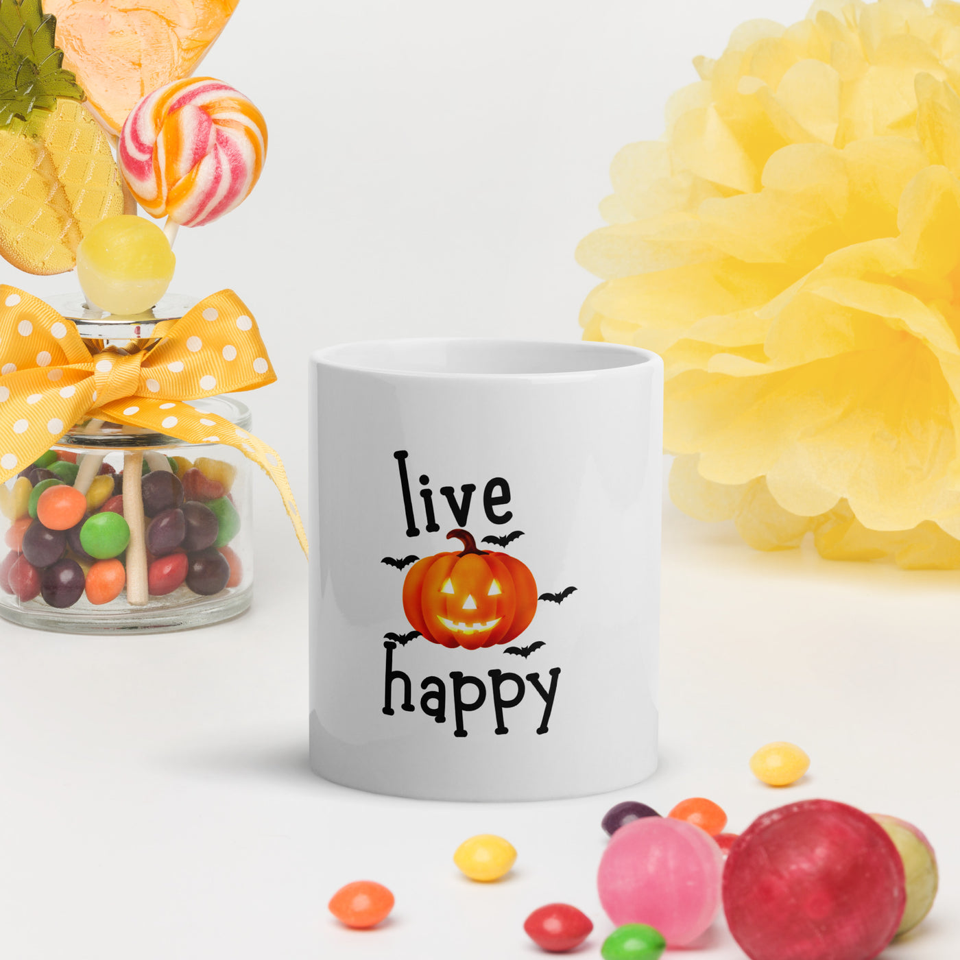 White glossy mug, Live happy